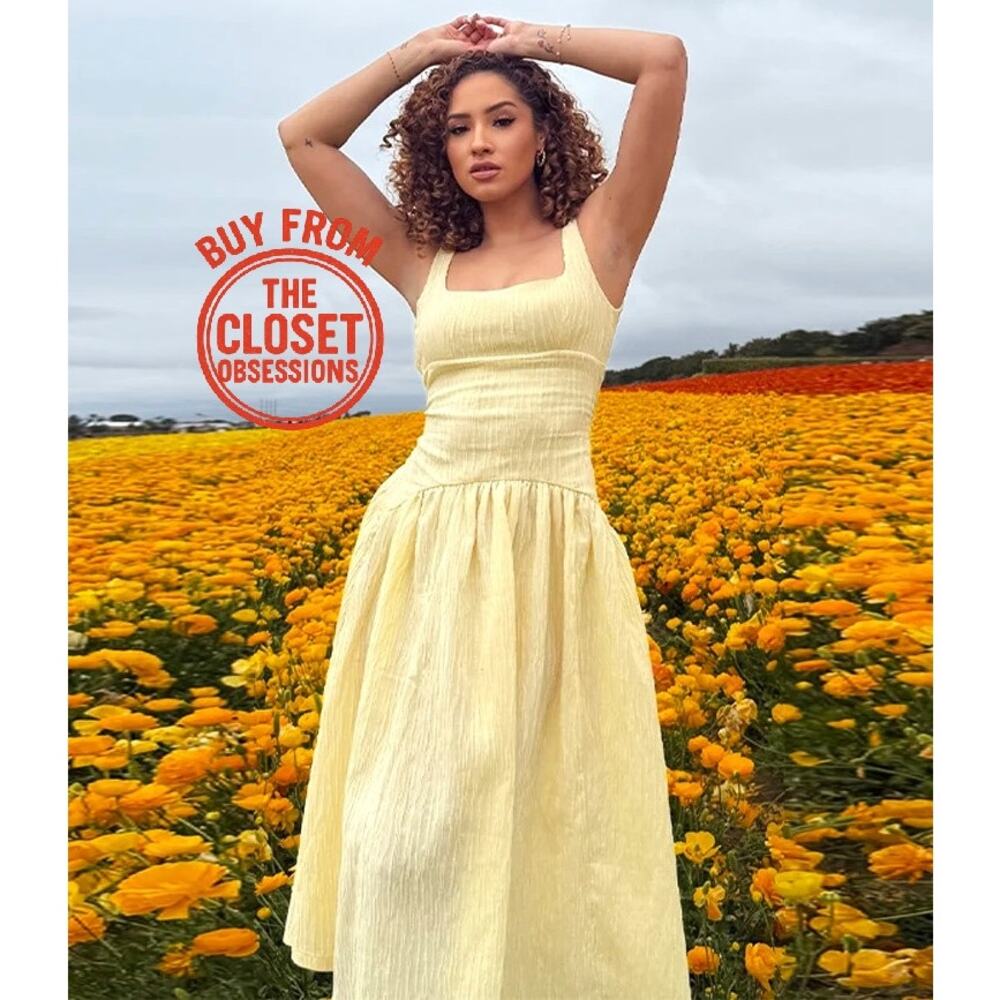 ZARA Yellow Textured Midi Dress NWT Square Neck Open Back Cottagecore Size S - Picture 3 of 16
